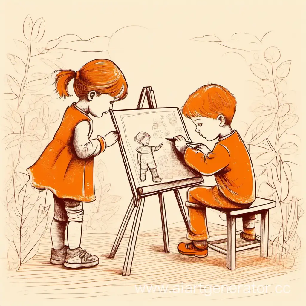  иллюстрация  в оранжевых цветах , где маленькая девочка и мальчик рисуют картину