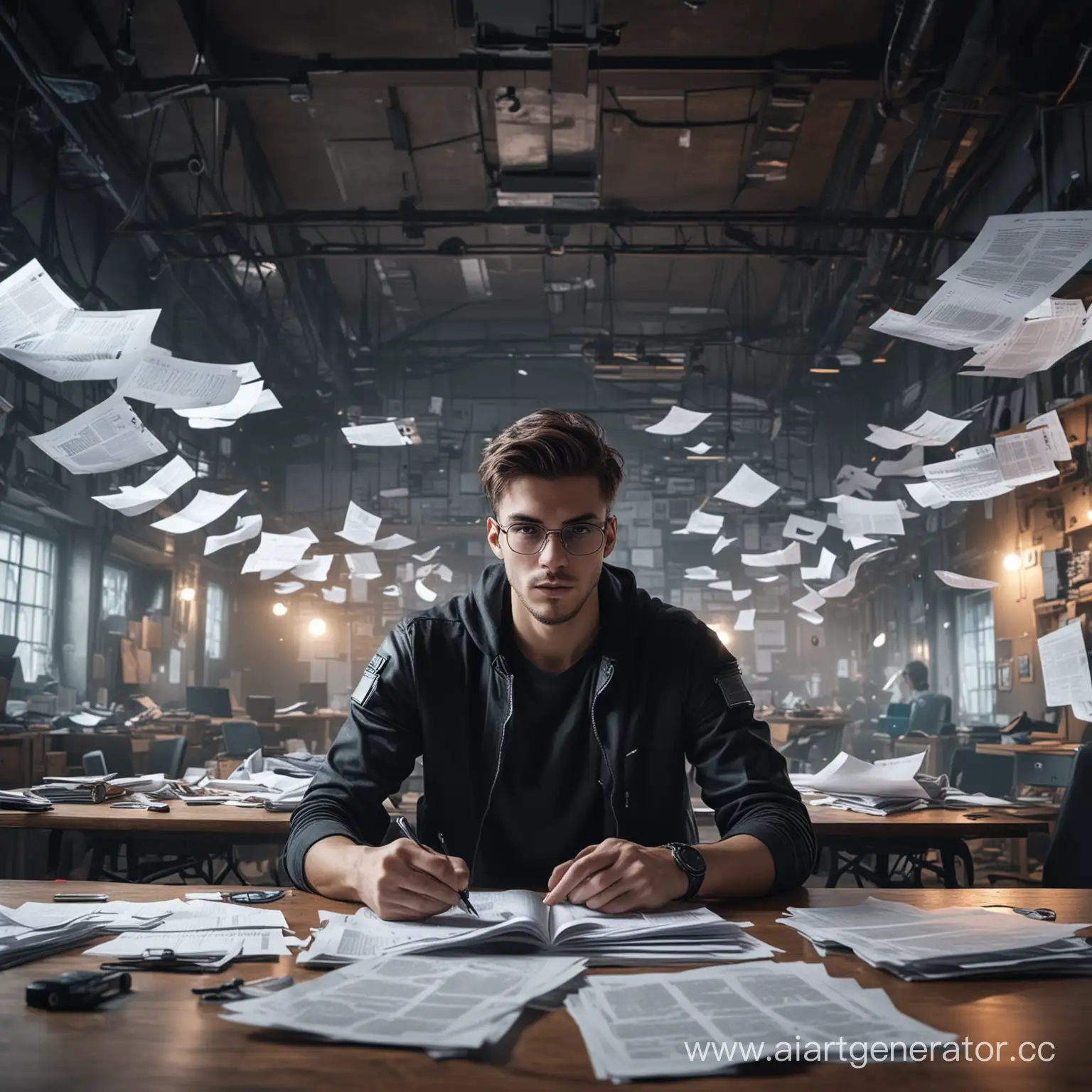 young man sitting at a table in the center of the room and going through papers, young man looking forward without glasses, the room is empty in hitech style, papers flying around, high quality, cyberpunk style