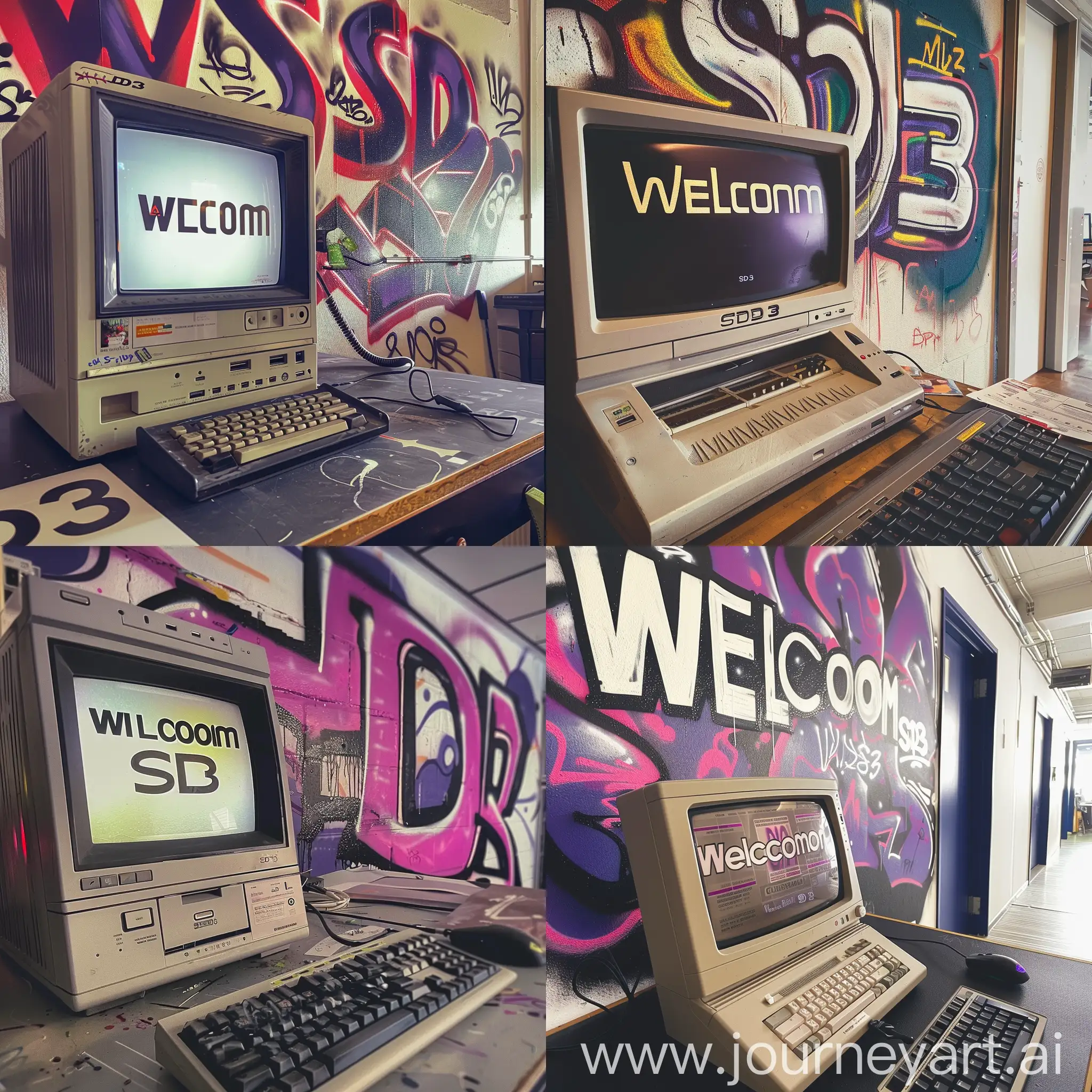 Prompt: Photo of an 90's desktop computer on a work desk, on the screen it says "welcome". On the computer wall in the background we see beautiful graffiti with the text "SD3" very large on the wall. 