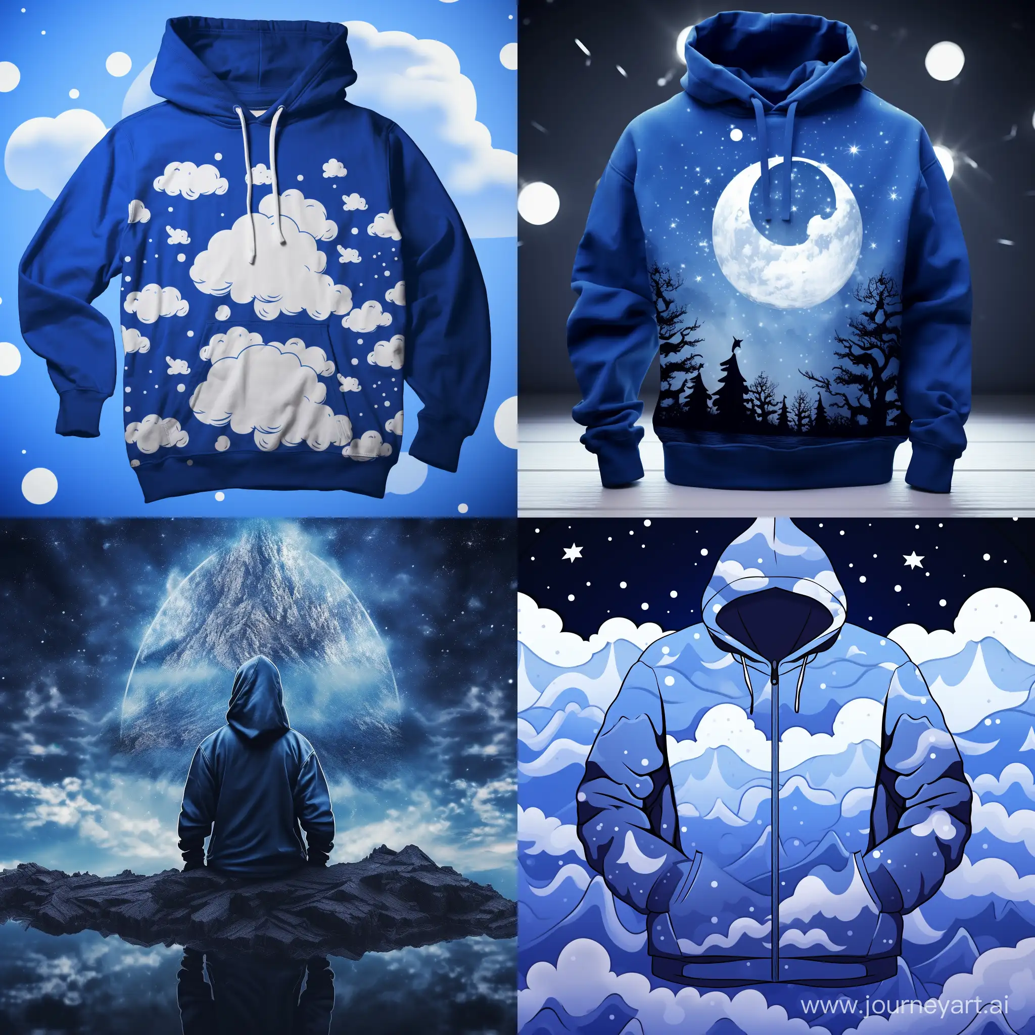 The cover for a YouTube channel selling hoodies, in blue and white colors, in the starry sky