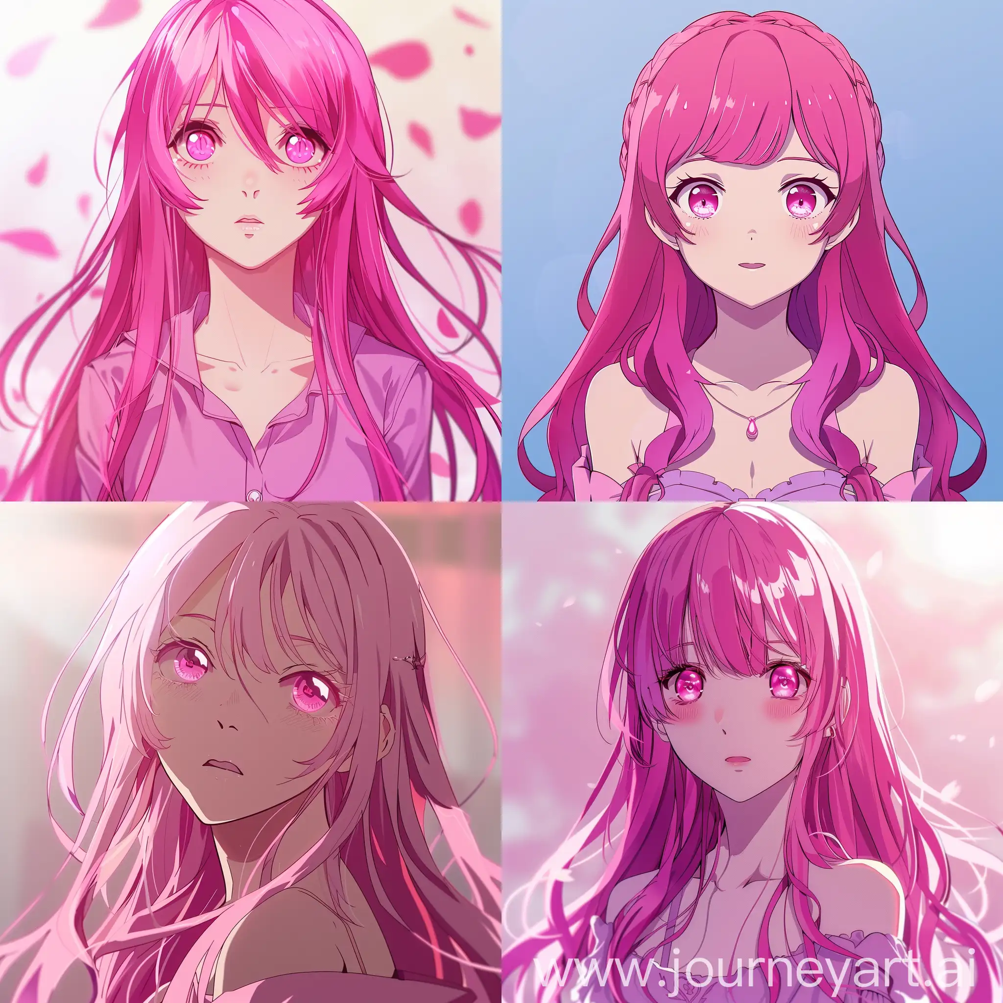 A young woman, pretty face, long pink hair, pink eyes, wearing feminine outfit, wirh background, anime style