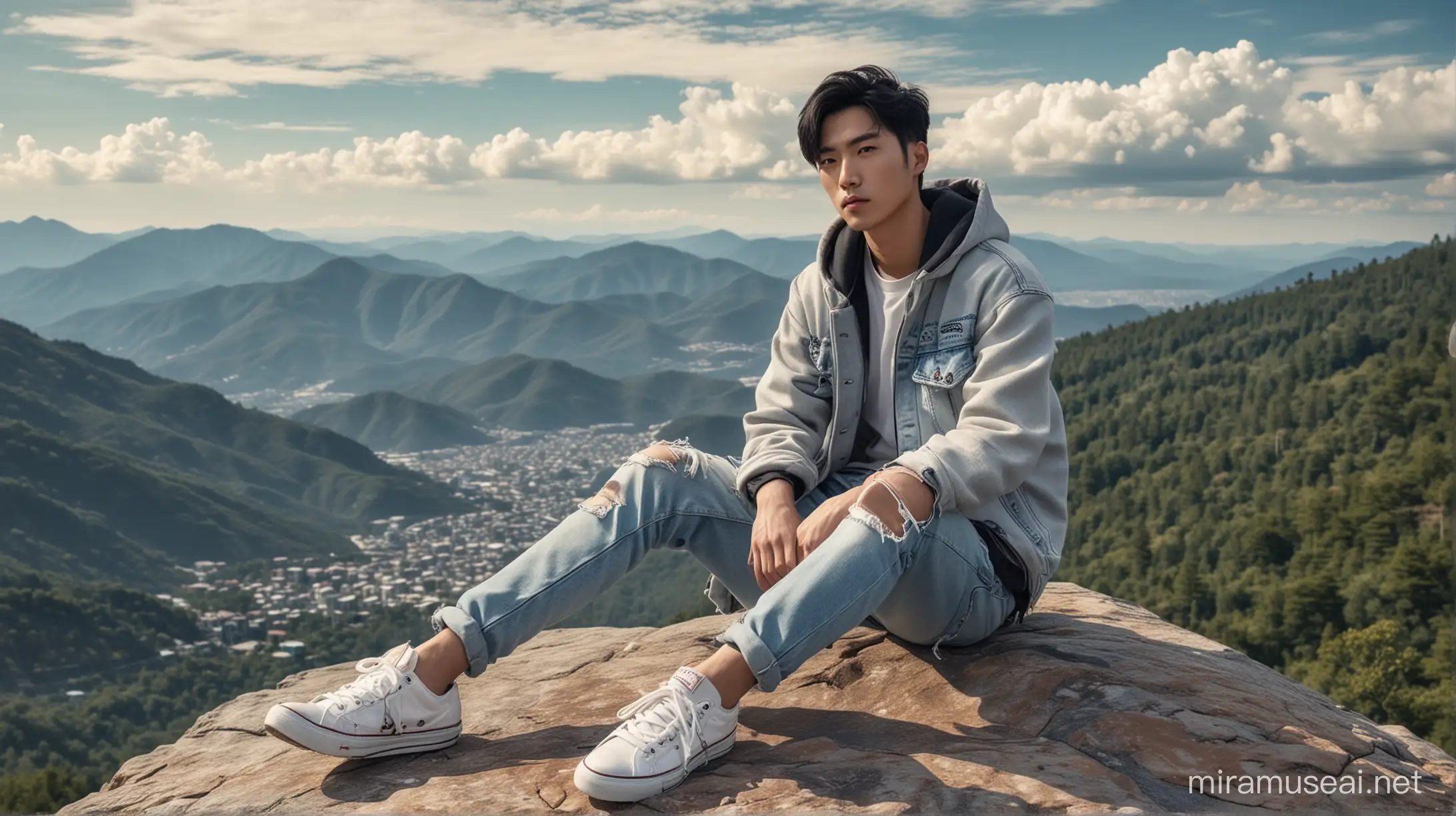 Romantic Korean Man in Torn Hoodie and Levis Sitting on Mountain Peak