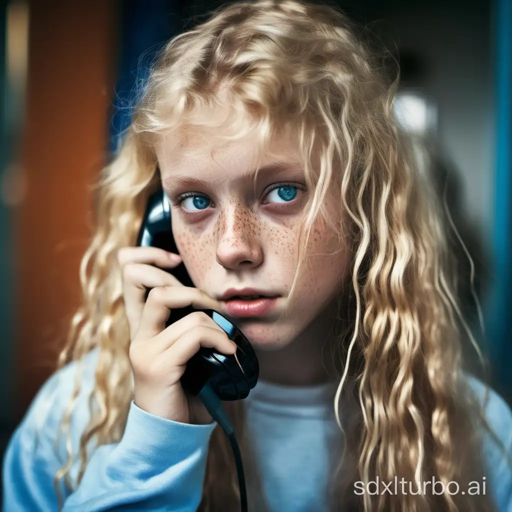 A scandinavian teen blonde girl with blue eyes, frizz and long hair, freckles, bangs, with serious face, talking on the phone