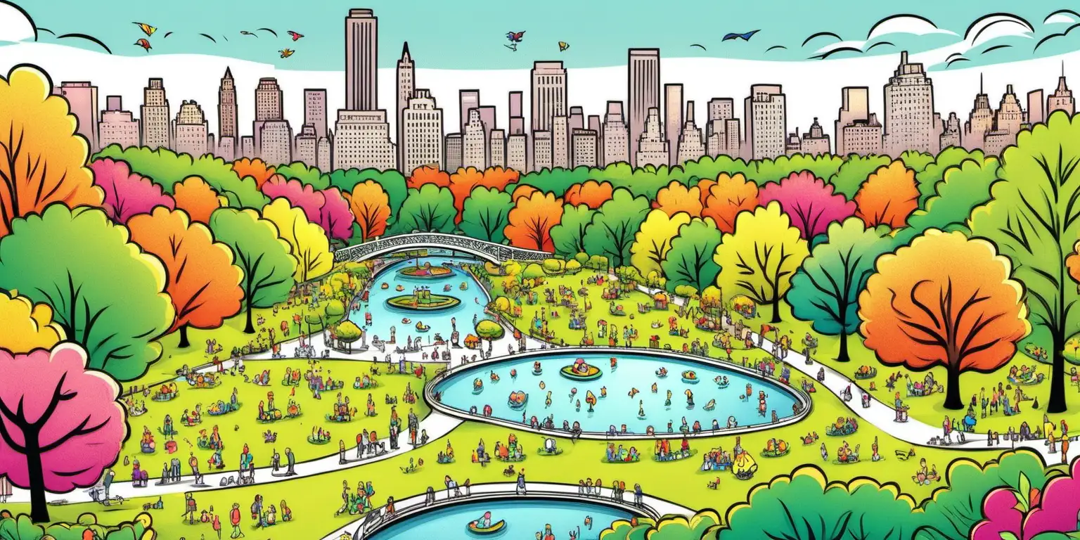 Vibrant Cartoon Illustration Central Park in Full Color Delight