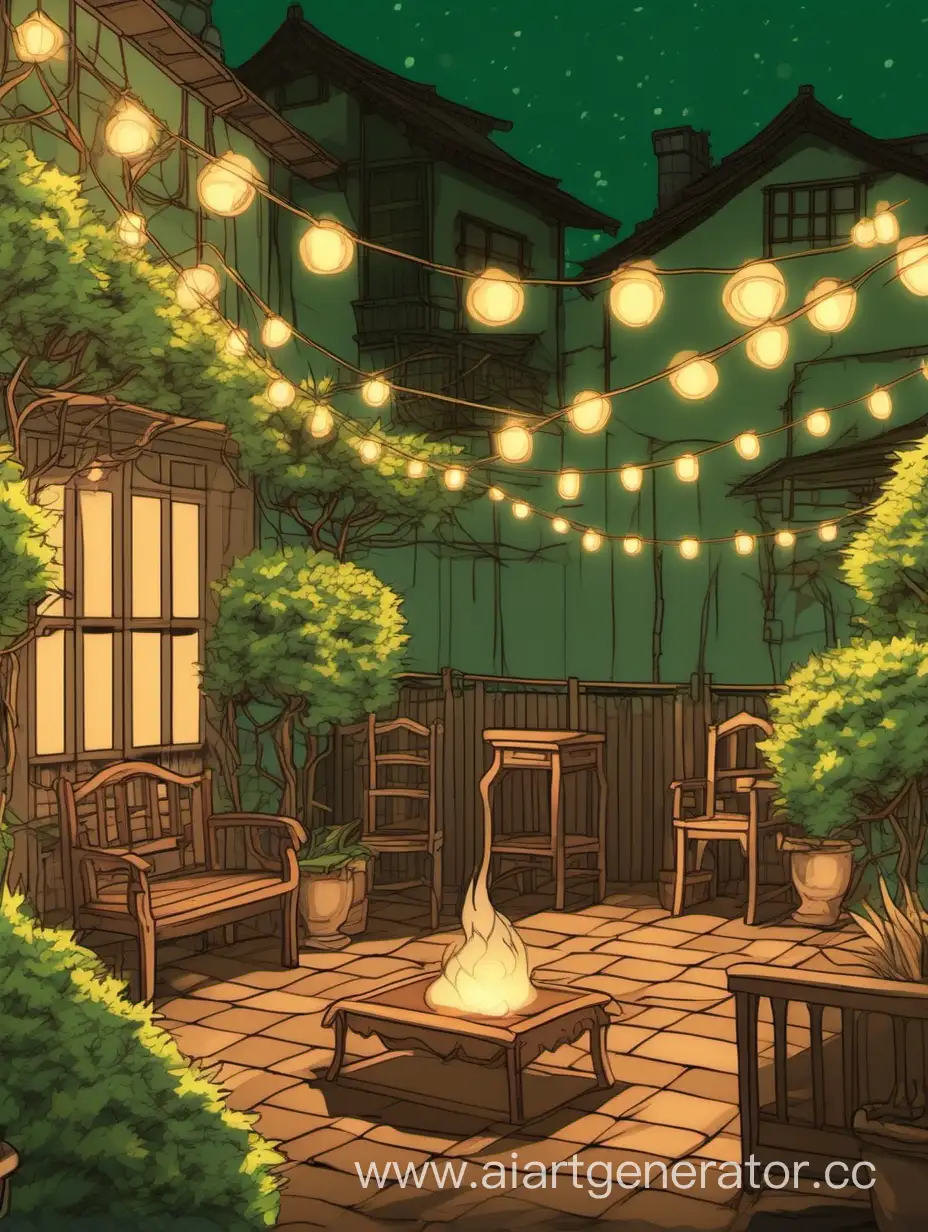 милый фон двор в натуральных коричнево зеленых тонах в вечернее время горят гирлянды стоит мебель
Векторная  графика в стиле хаяо миотзаки