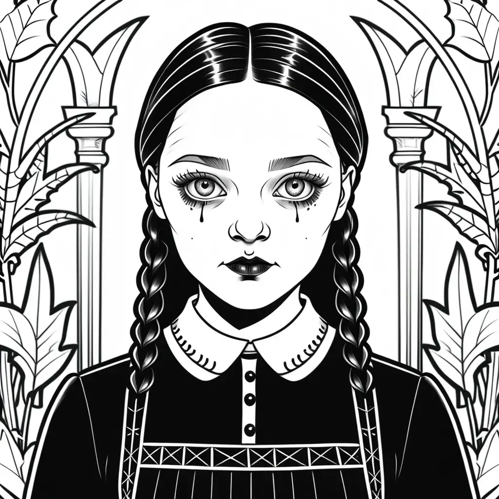 Monochrome Coloring Book Drawing of Wednesday Addams