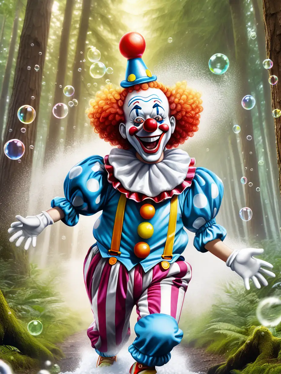 Joyful Clown Frolicking in Forest Bubbles