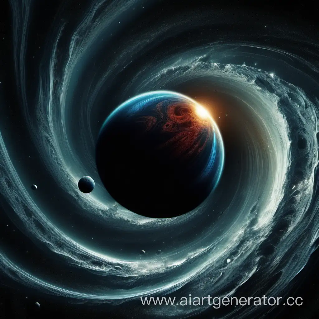 Изобрази планету в космосе, которая находится очень близко к чёрной дыре, планета полностью покрыта волной, на ней нет суши и растительности. Изобрази другое течение во времени, ускорение.