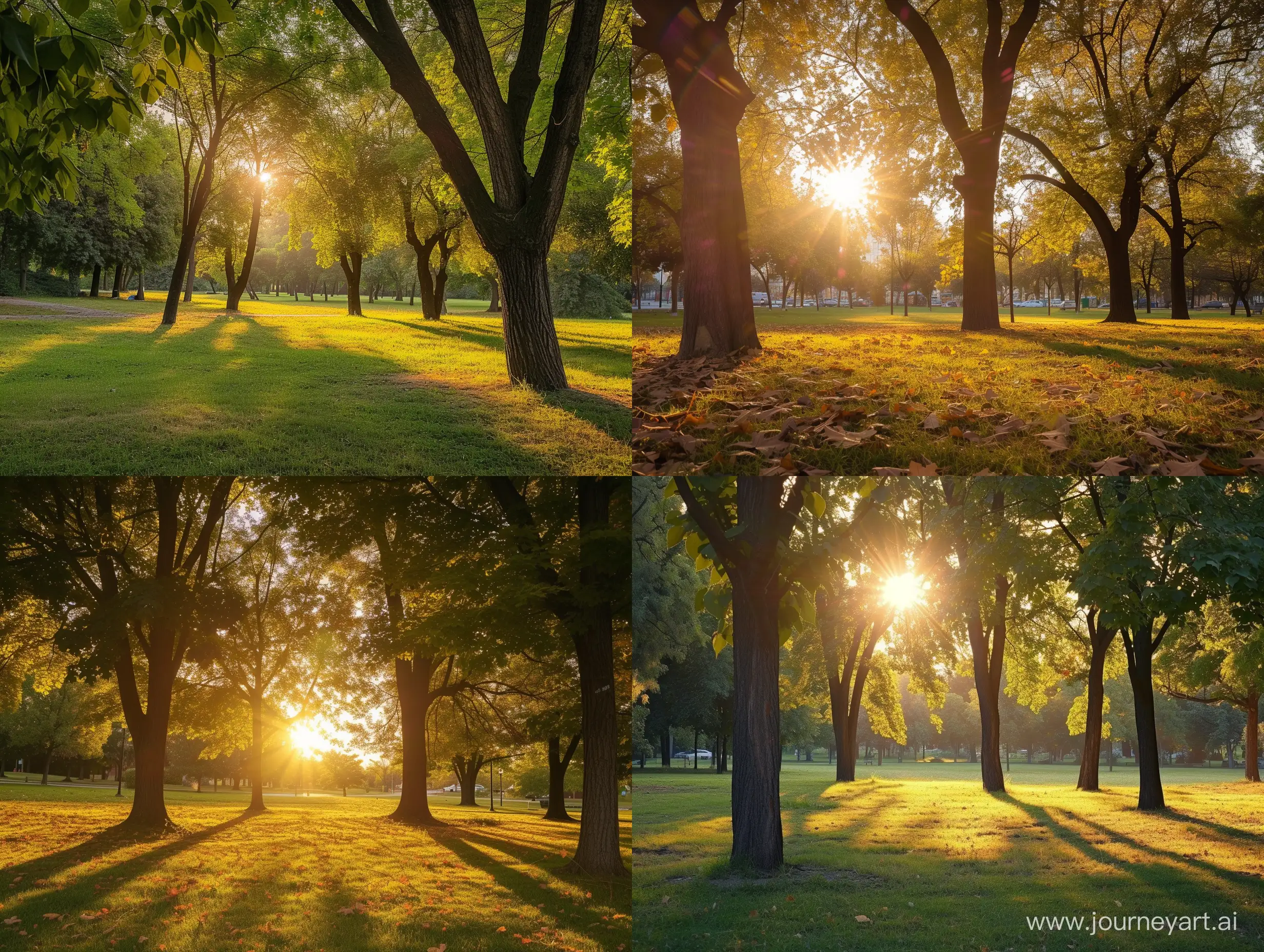 парк с деревьями на красном закате, свет от солнца проходит сквозь листья