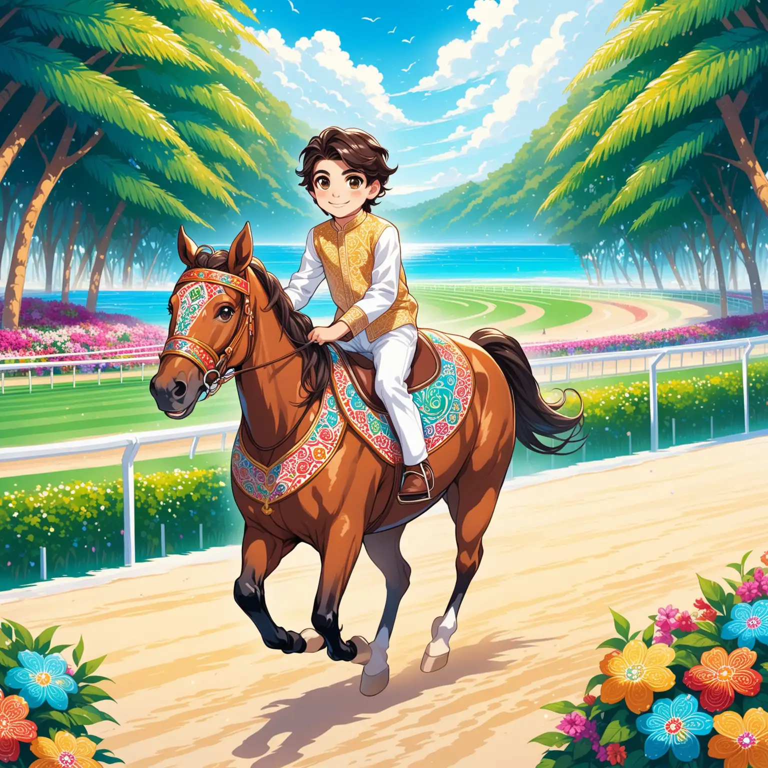 Character Persian 9 years old boy(riding horse, smaller eyes, bigger nose, white skin, cute, smiling, clothes full of Persian designs, heavenly boy).

Atmosphere super high-tech and modern horse racing field at a fantastic beach, flowers, forest.