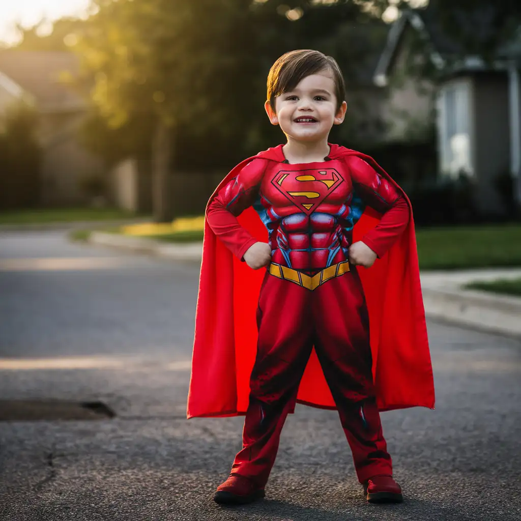 A child dressed in a superhero costume, ready to save the day.