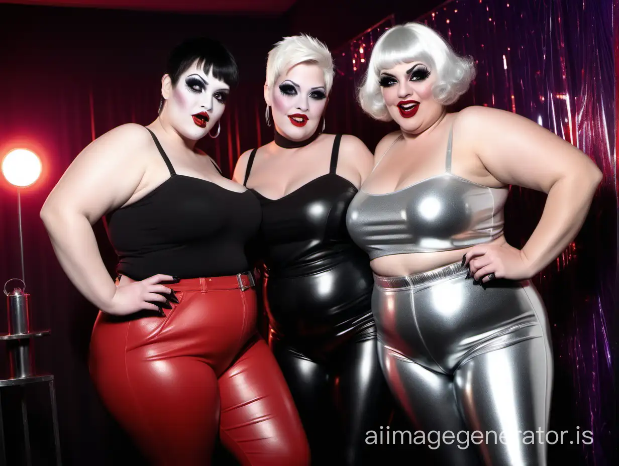 two intimidating  overweight women in a disco, lighting a black cigarette,  short silver  hair, long false eyelashes, very heavy makeup, evil grin, very long fingernails, red lips, spandex pants, boots, looking at me
