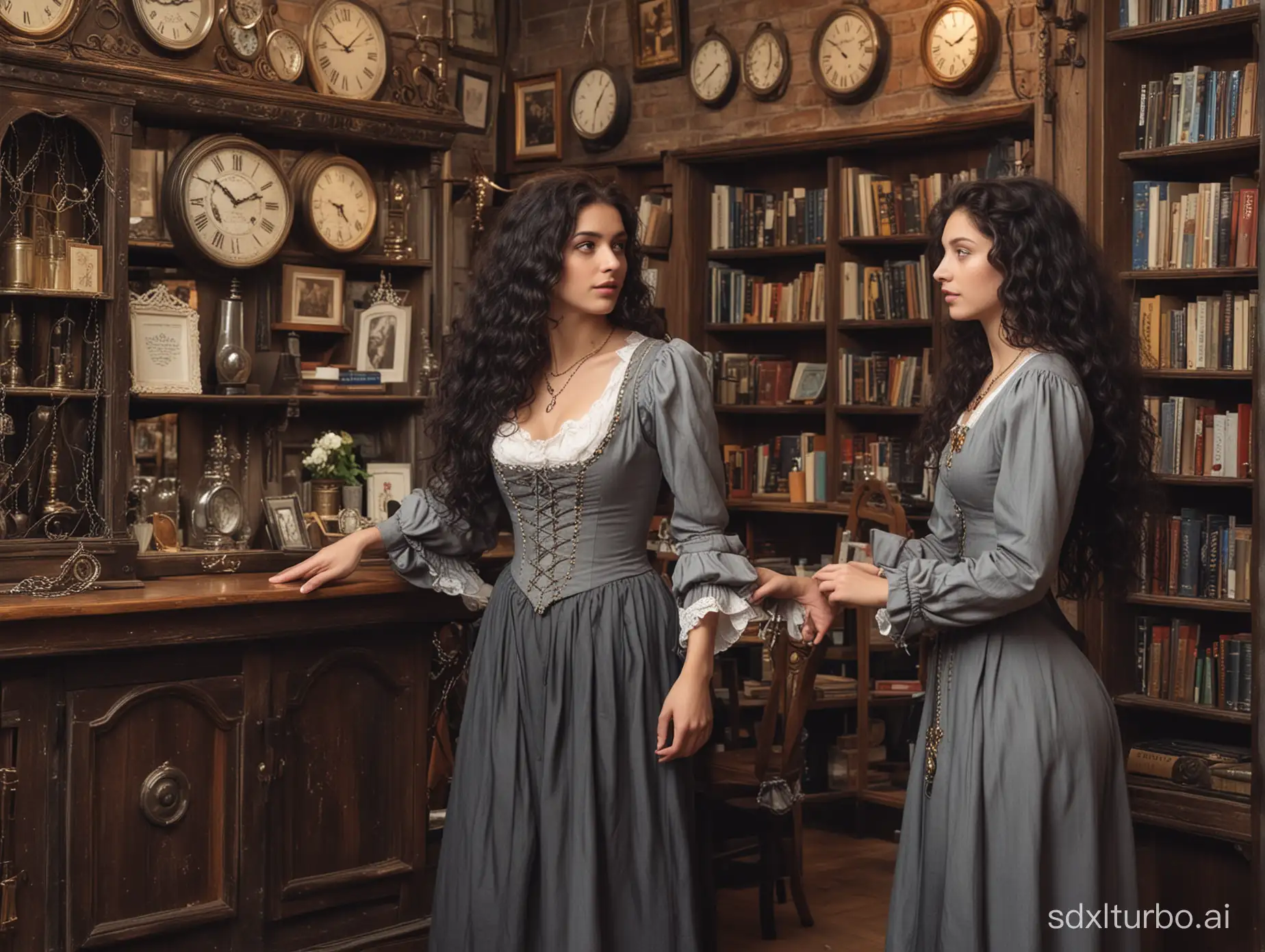 A beautiful girl in her twenties with long black hair, curly at the ends, wearing a medieval beautiful summer dress, talking to the owner of a small old bookstore about sixty-five years old, tall, thin, with disheveled gray hair, dressed in a light medieval shirt, gray jacket with an antique clock on a chain in the pocket, and an antique clock on a chain in the pocket and dark pants