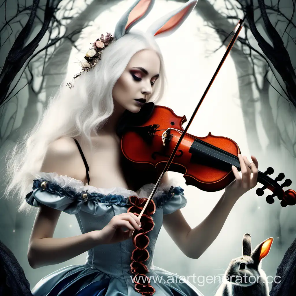 красивая взрослая девушка с чертами кролика играющая на скрипке в фэнтези стиле с белыми волосами
