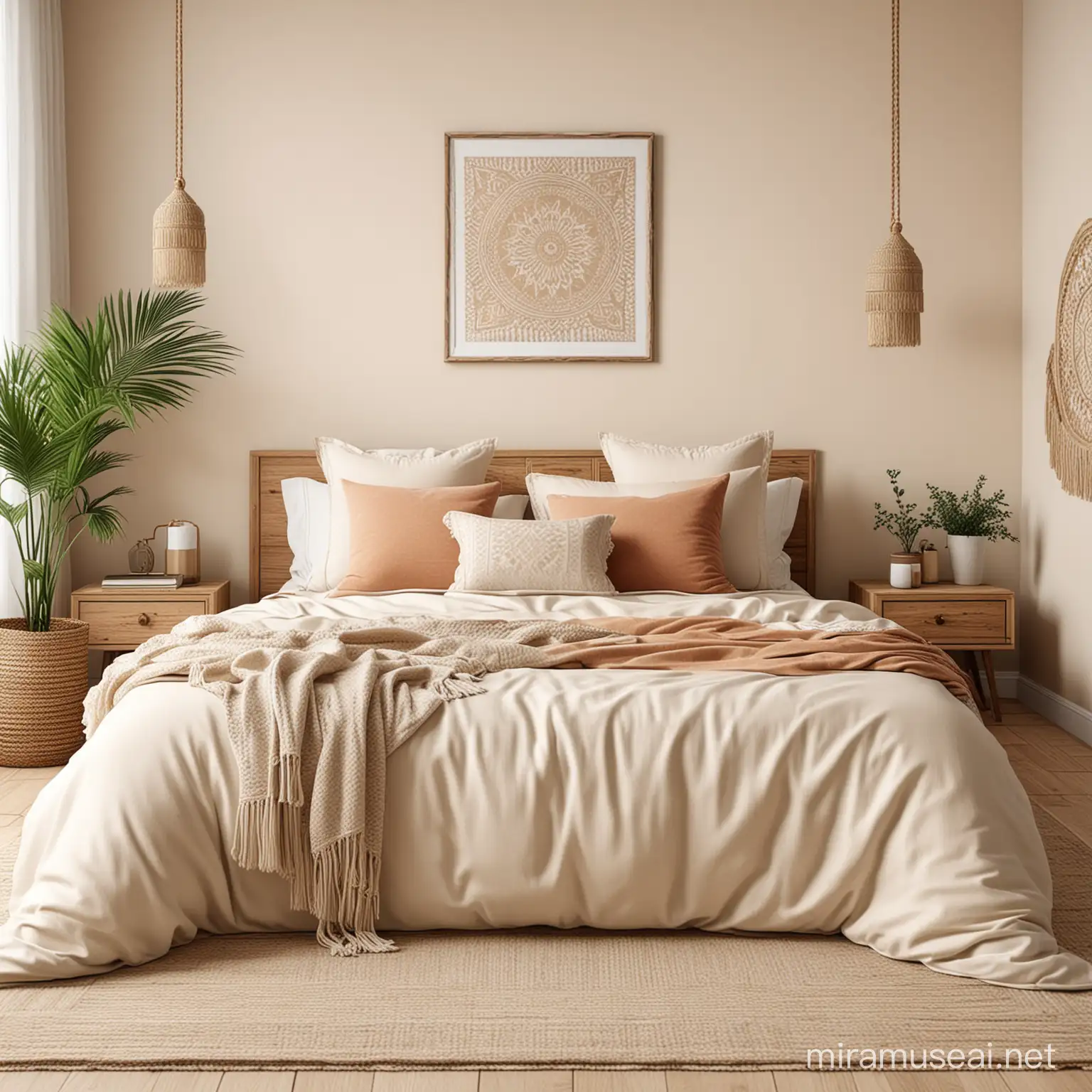 Boho Cream Color Bedroom Mockup with Cozy Textiles and Natural Elements