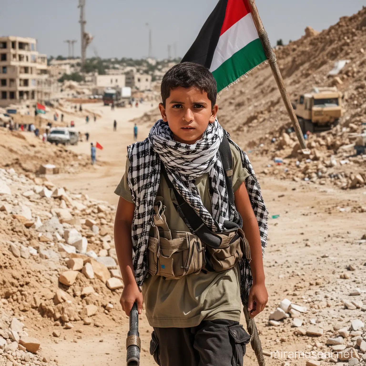 A hardworking loyal conscientious brave Palestinian at a construction site with palestinian keffiyeh or kufiyyeh around the neck .... with a Palestinian flag in the background 
Hammer in tha hand with a baby carrying on his back