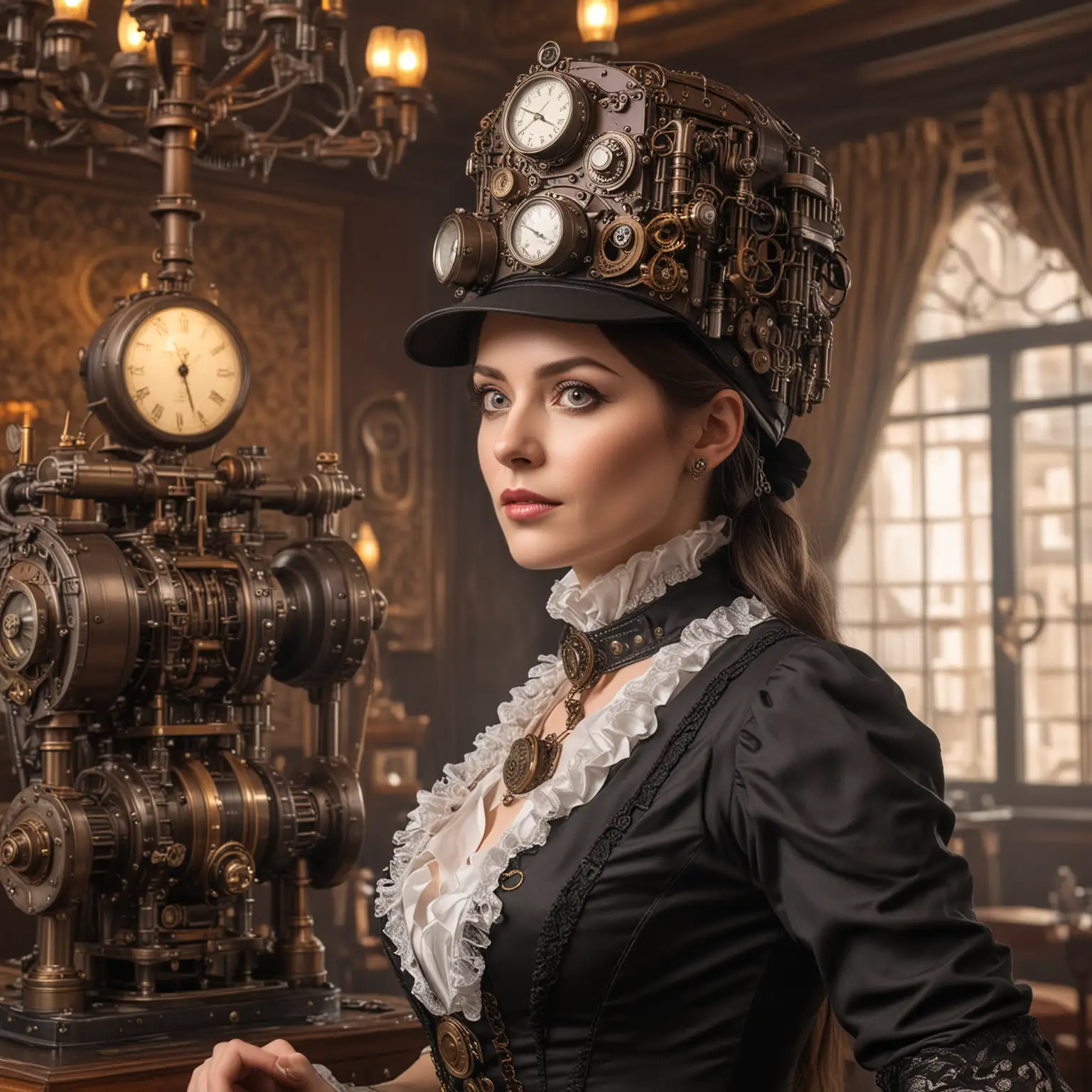 A steampunk victorian lady, wearing a mind-reading cap attached to an Analytical Engine in a luxurious steampunk hotel room