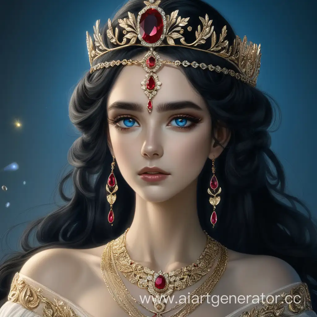 богиня с чёрными волосами и золотым ободком в длинном свадебном платье
в золотом ожерелье с красным рубином и голубыми глазами