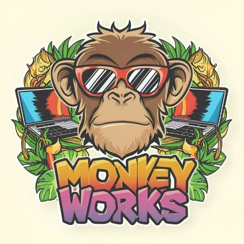 logo, colourful graphic design monkey with glasses on and a laptop, with the text "Monkey Works", typography