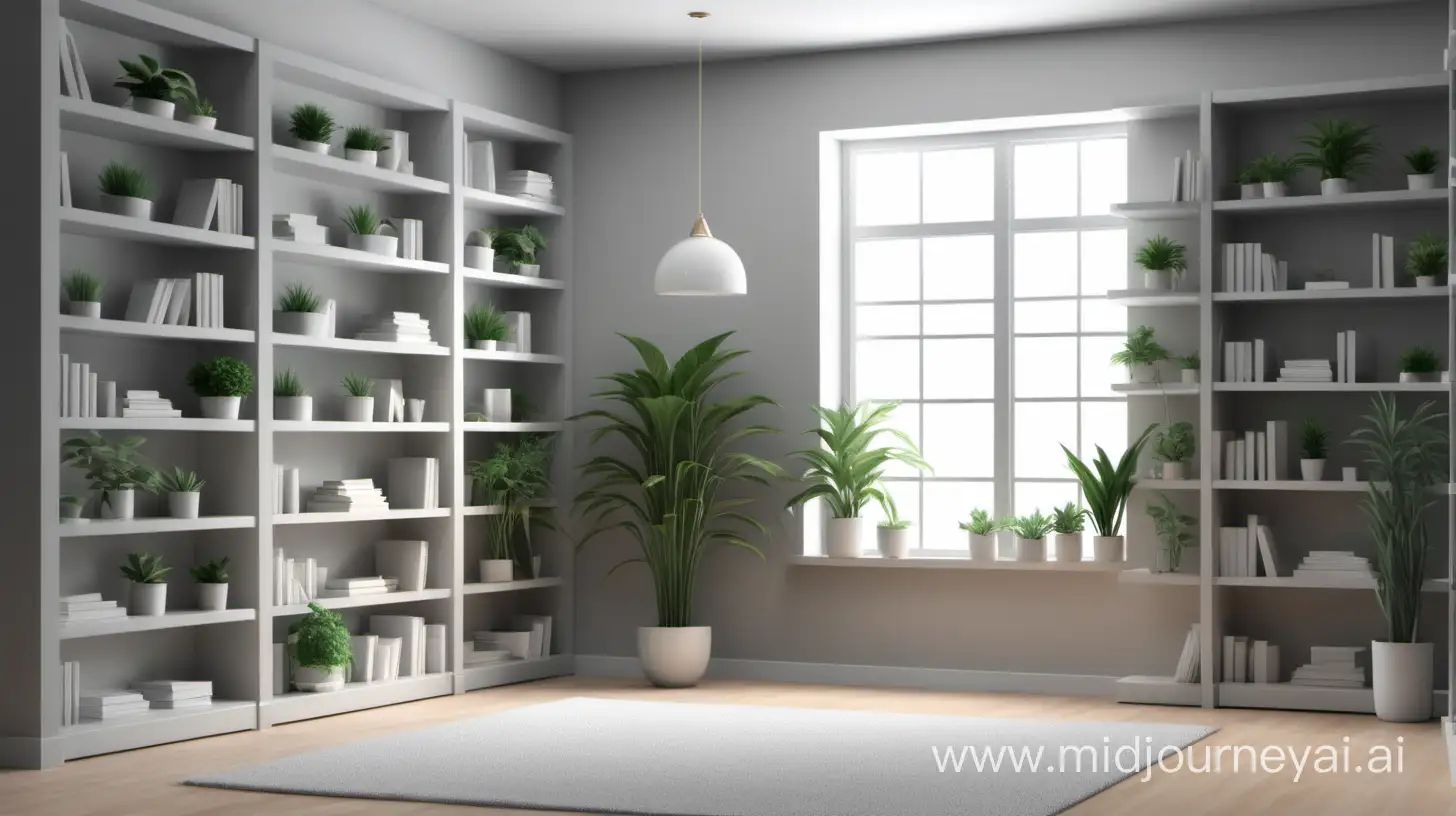 Create a virtual Zoom background image with well organized bookshelves that includes plants and contains medical devices on the shelves, the background should be well lit and use muted neutral gray color tones, include at least one window with natural light