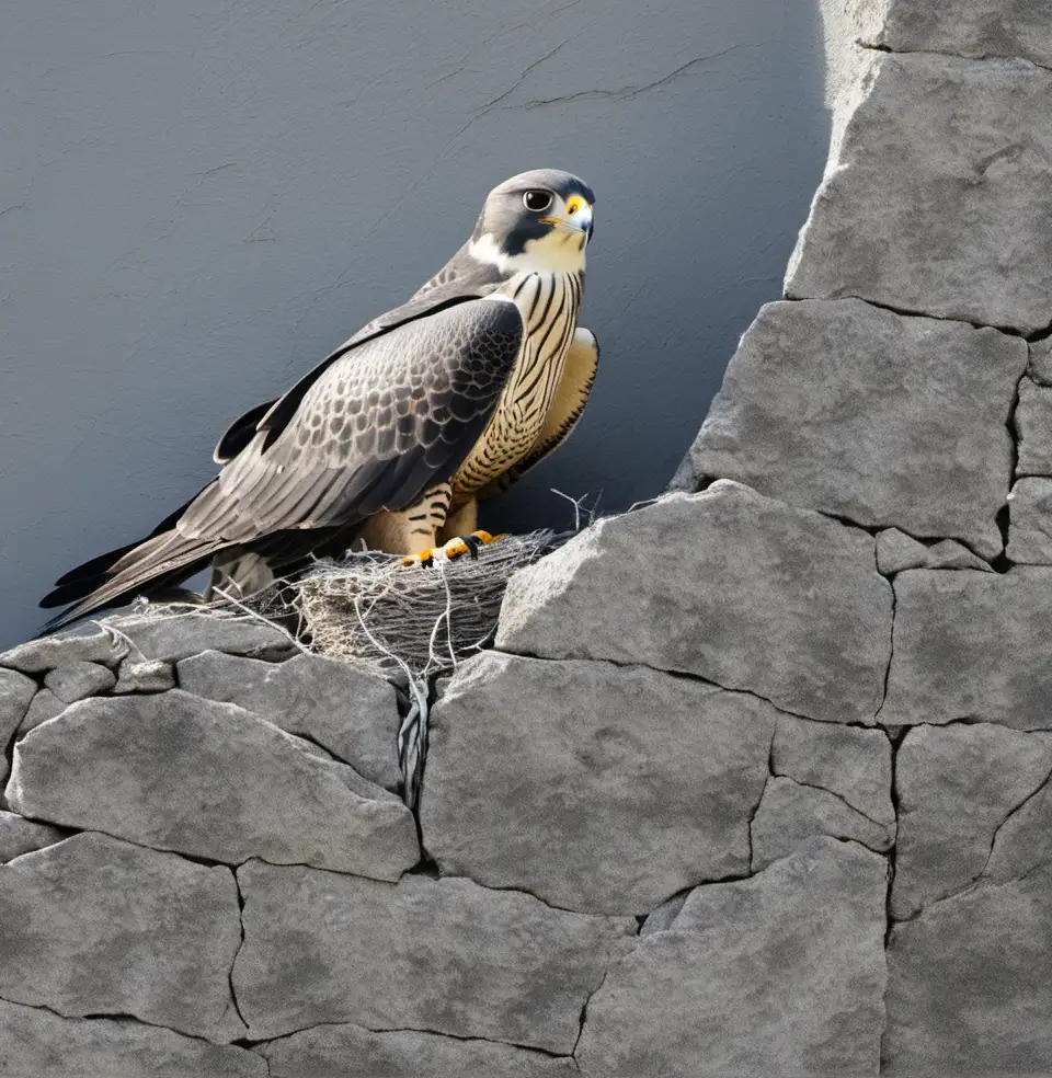female peregrine falcon sitting in nest, background grey rocky wall