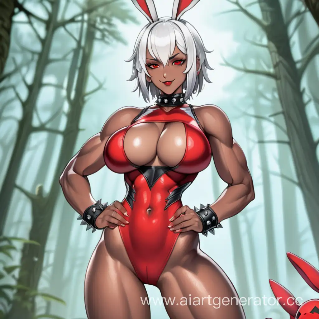 Fantasy Forest, 1 Person, Women, Human, White hair, Long Rabit Ears, Short hair, Spiky Hair style, Dark Brown Skin, Scarlet Red Full Body Suit,  Chocer,  Scarlet Red Liptsick, Serious smile, Big Breasts, Scarlet Red eyes, Sharp Eyes, Flexing Muscles, Hard Abs, Toned Abs, Big Muscular Arms, Big Muscular Legs, Well-toned body, Muscular body, 