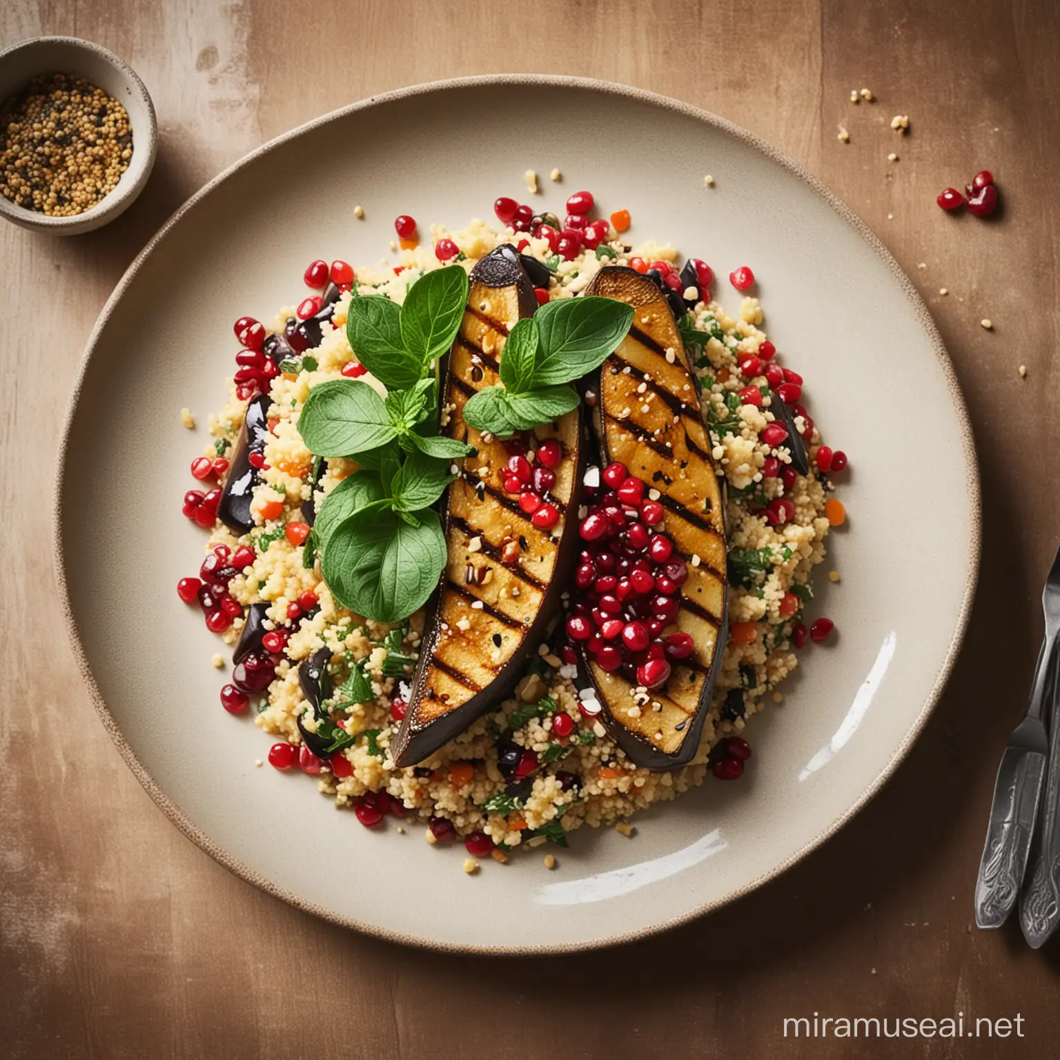 couscous salad with aubergine wedges and drizzled of mint yogut and drizzled of pomegranate molasses