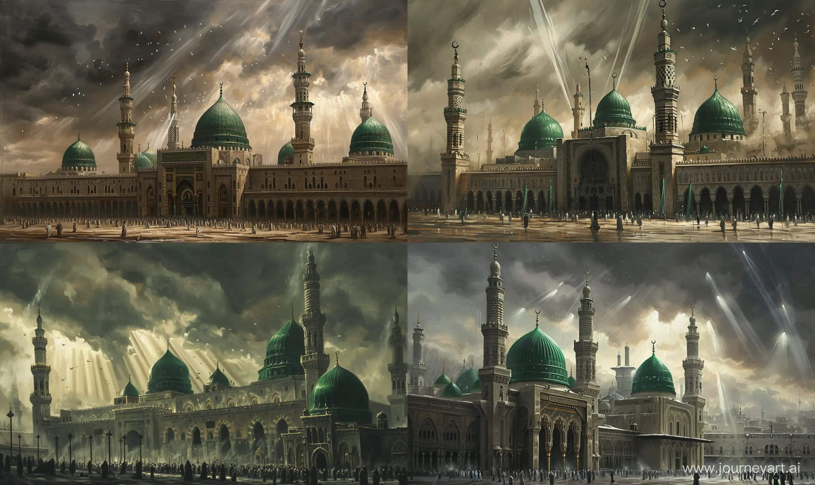 medieval Renaissance painting, depicting the Grand mosque of Medina with Green domes of masjid nabawi, medieval era, few sun rays falling from the cloudy sky, dark grey weather, pilgrims, calm environment --ar 5:3 --v 6