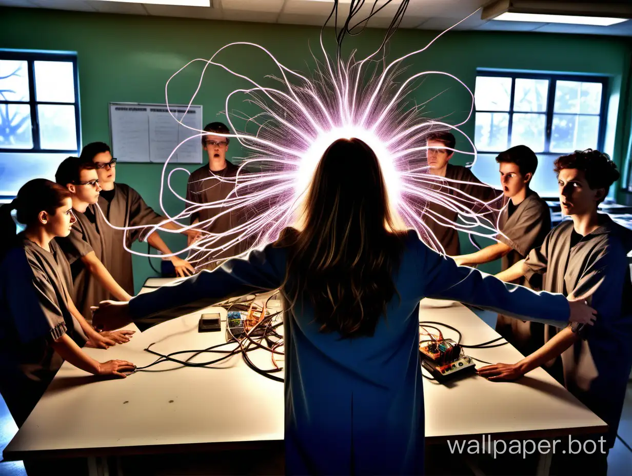 a female physics teacher seen from behind with her hair standing on end holds two electrical cables that touch each other and form a powerful electric arc on her desk, her body is surrounded by a luminous halo, she is electrocuting herself in front of the worried students in her class, in her laboratory.