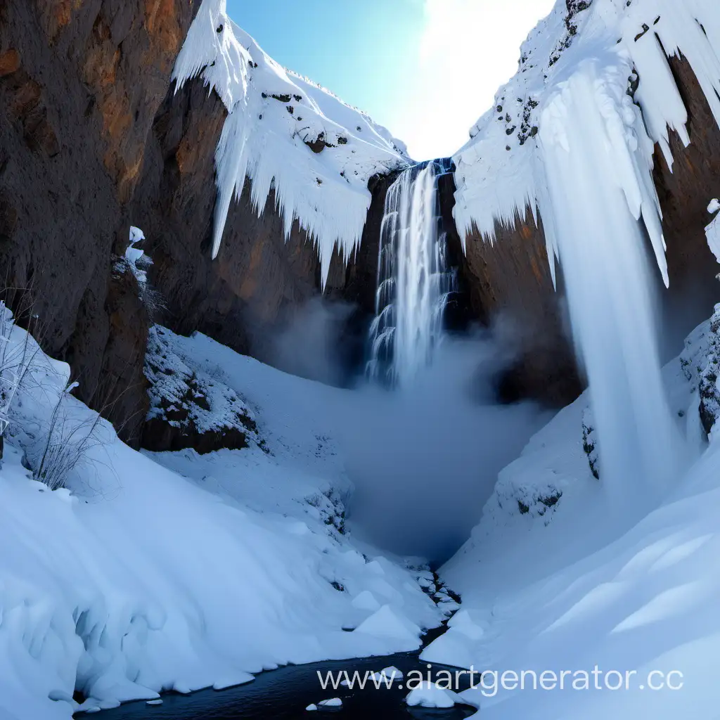 Majestic-Snowfilled-Gorge-with-Cascading-Waterfall-on-a-Sunny-Day