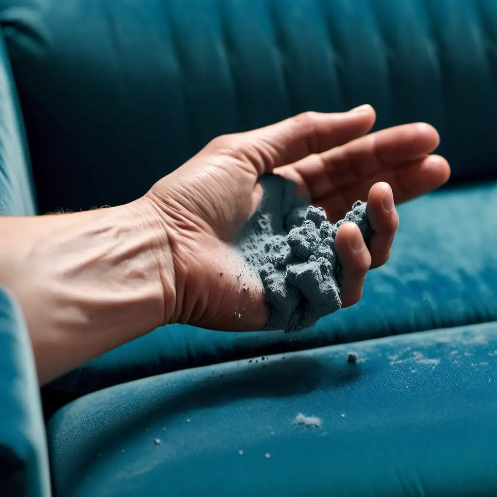 Close-up image of a hand holding a small dust on blue sofa
