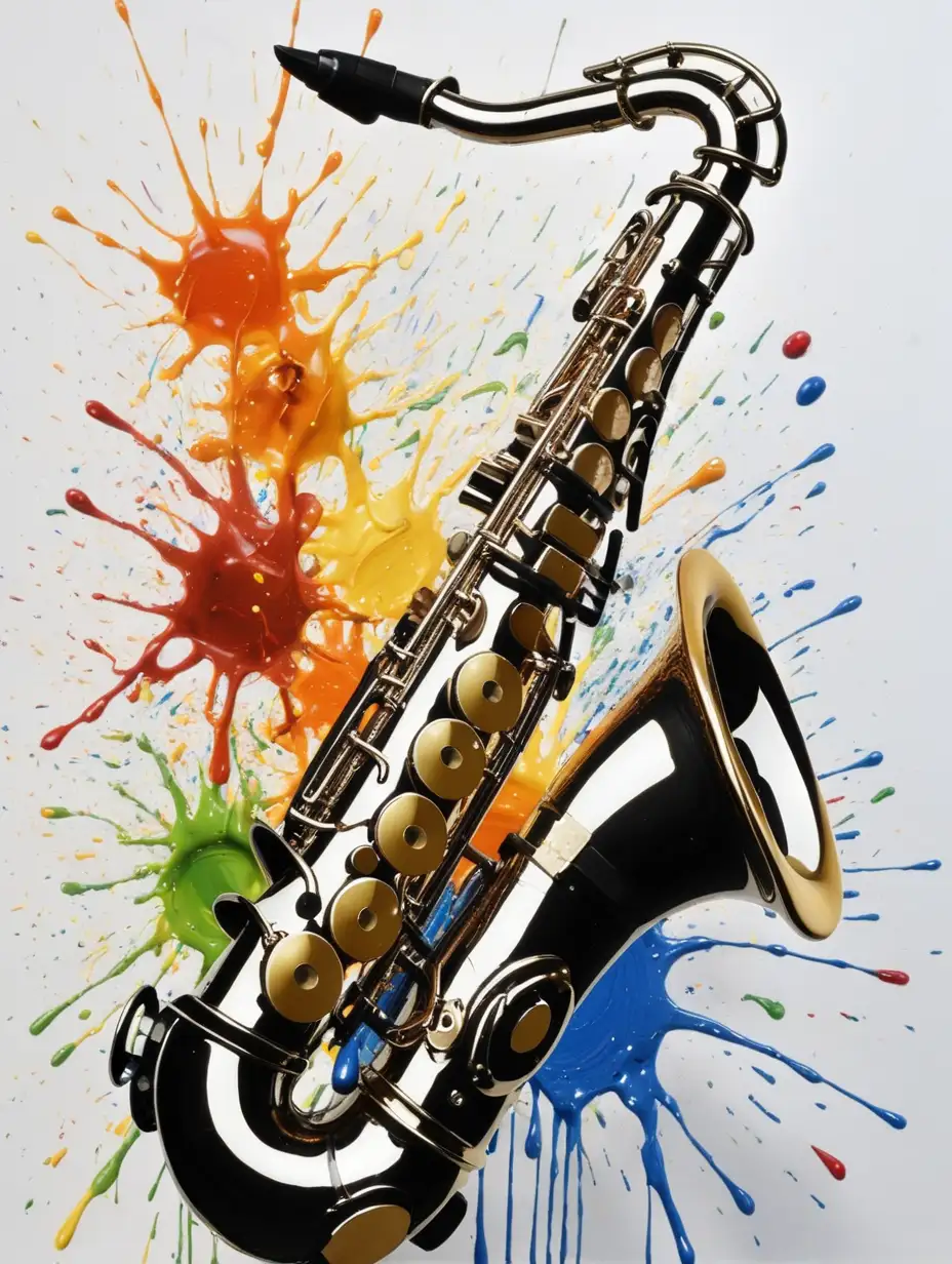 Vibrant Saxophone Amidst Splashed Paintings