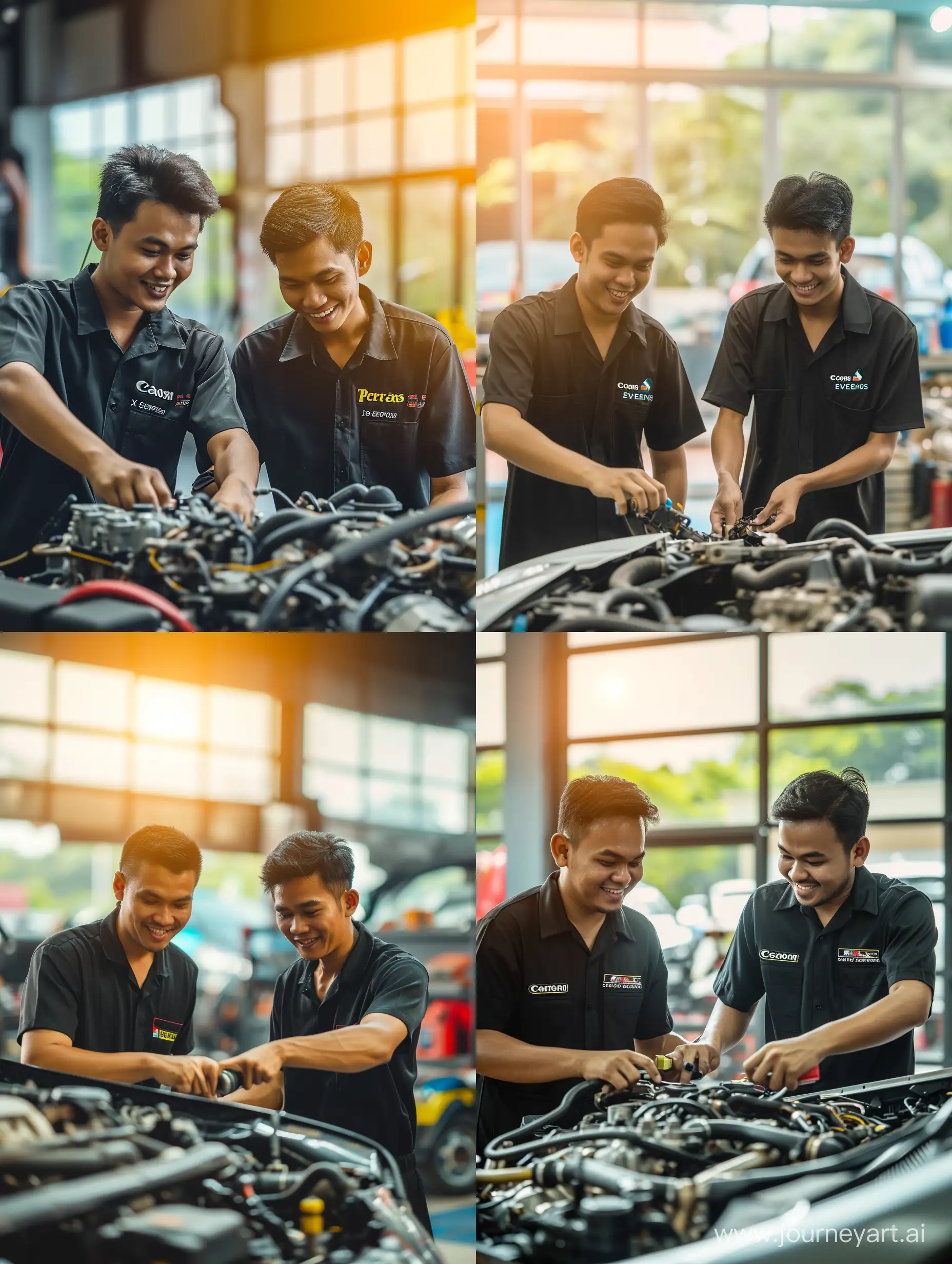 
ultra realistic two male malay mechanics wearing black shirts. Petronas Auto Expert is written on the shirt. they are checking the car engine while smiling welcoming the customer. modern workshop background. there is refraction of morning sunlight. canon eos-id x mark iii dslr --v 6.0