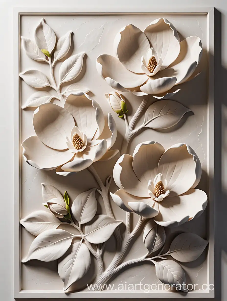 Elegant-BasRelief-Sculpture-Blooming-Magnolia-Flowers-in-White