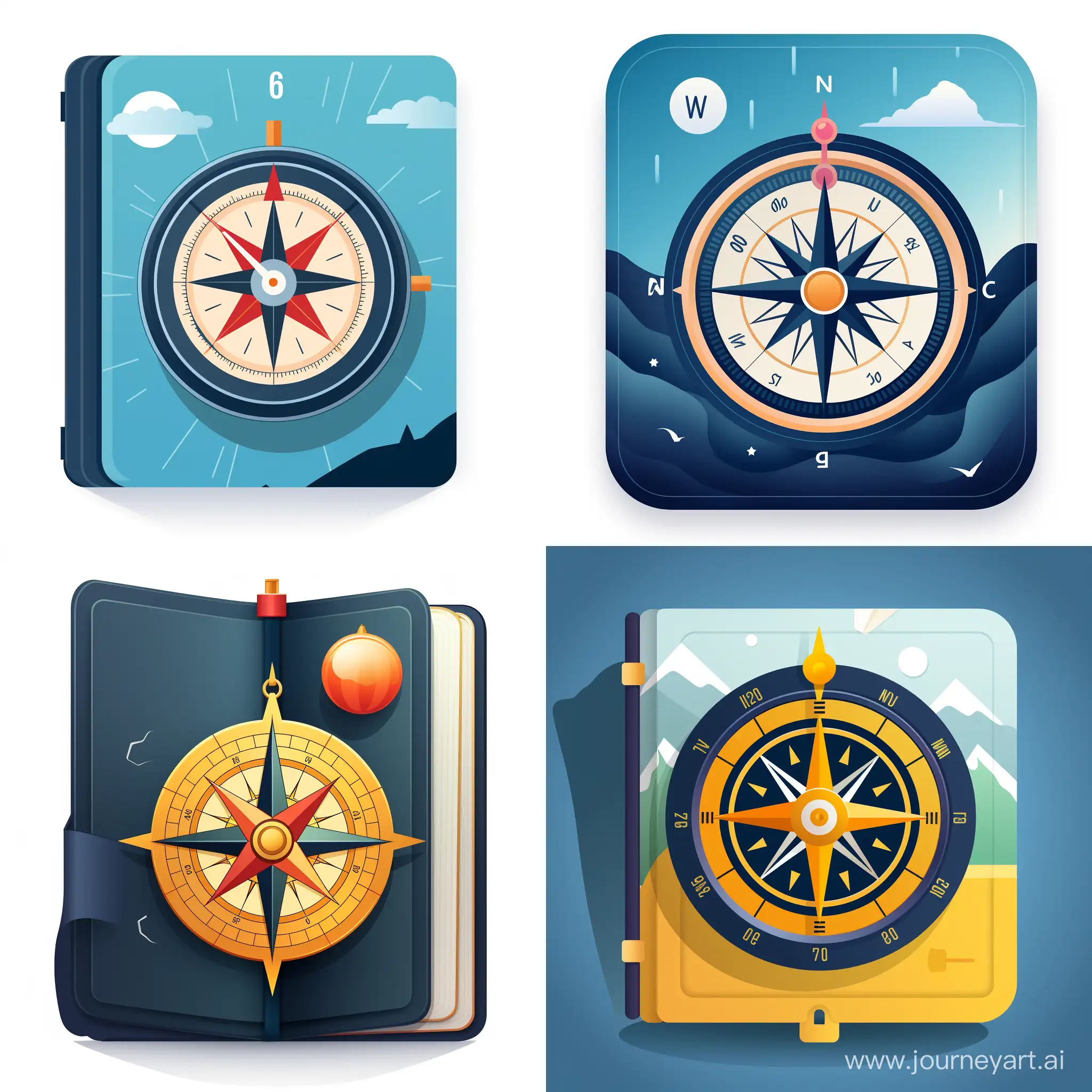 Design a flat vector iOS app icon, squared with round edges, with a compass needle embedded within an open book. The compass needle symbolizes navigation, guidance, and precision in stock picks, while the open book represents the wealth of knowledge and learning available through InvestingKraft.