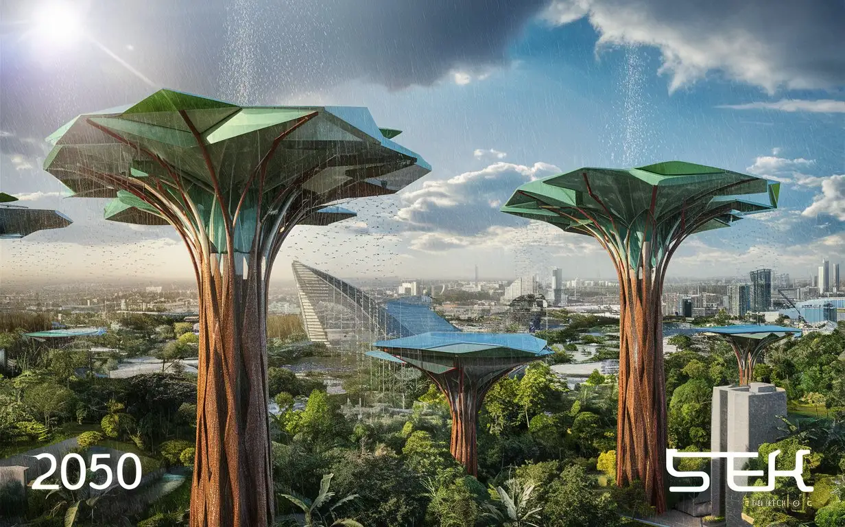 year 2050, one futuristic  parametric  designed  like totem collecting rain water in city while it rains, sunny day, wide angle, the whole structure of the tree can be seen 