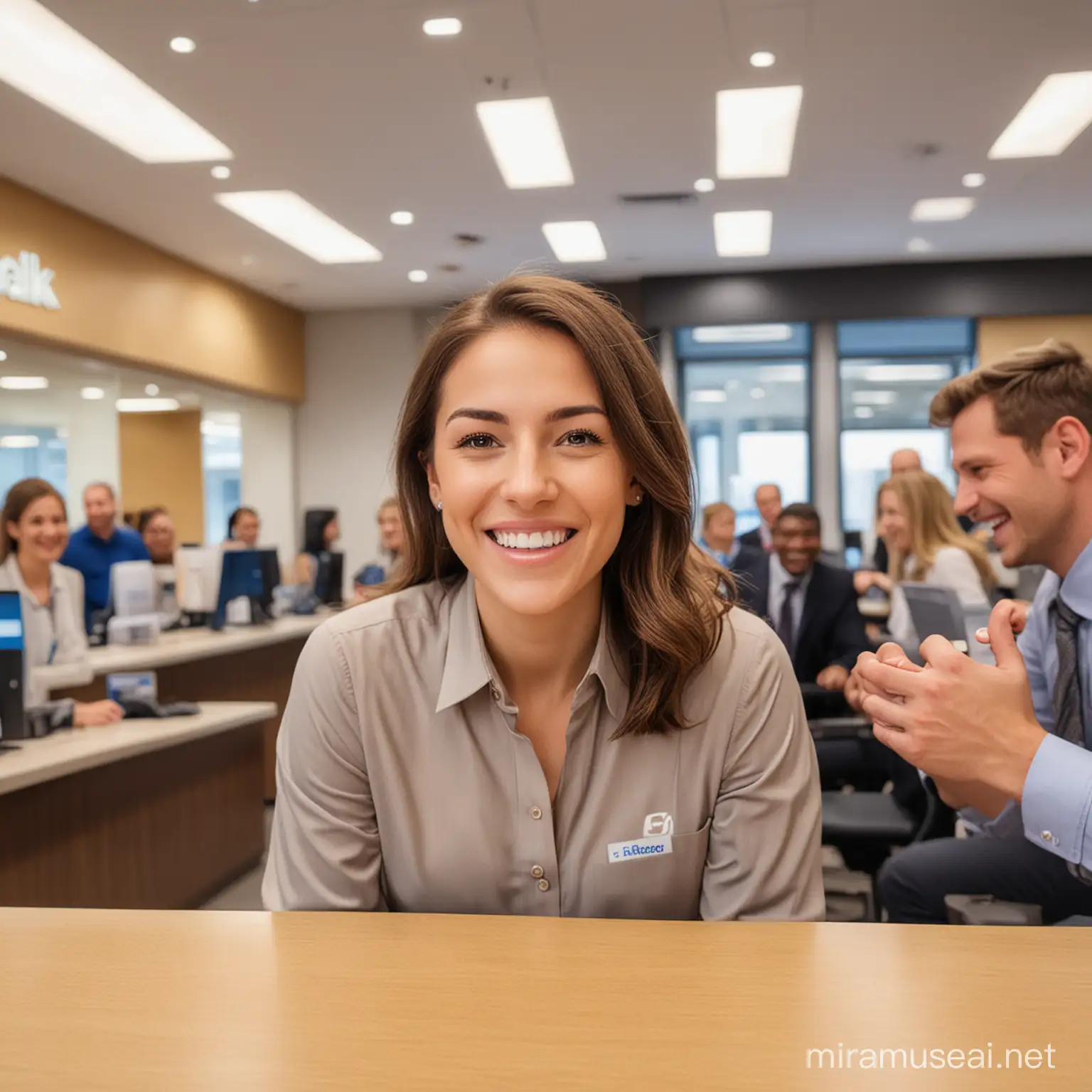Capture images portraying the joy and happiness of employees within a bank, where they display radiant smiles and appear to communicate in a friendly and pleasant atmosphere, with an overall view