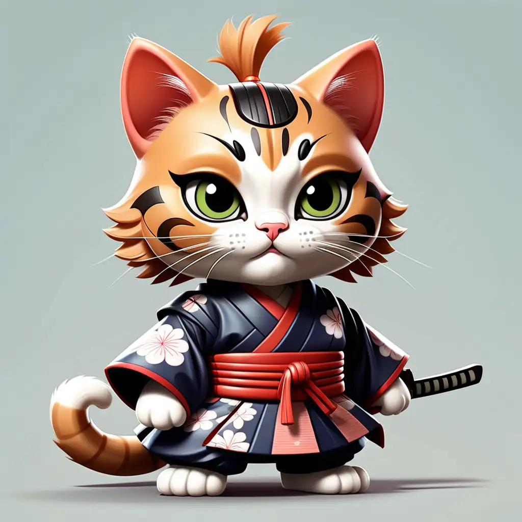 Cartoon Samurai Kitty with Cute Attire on Clear Background