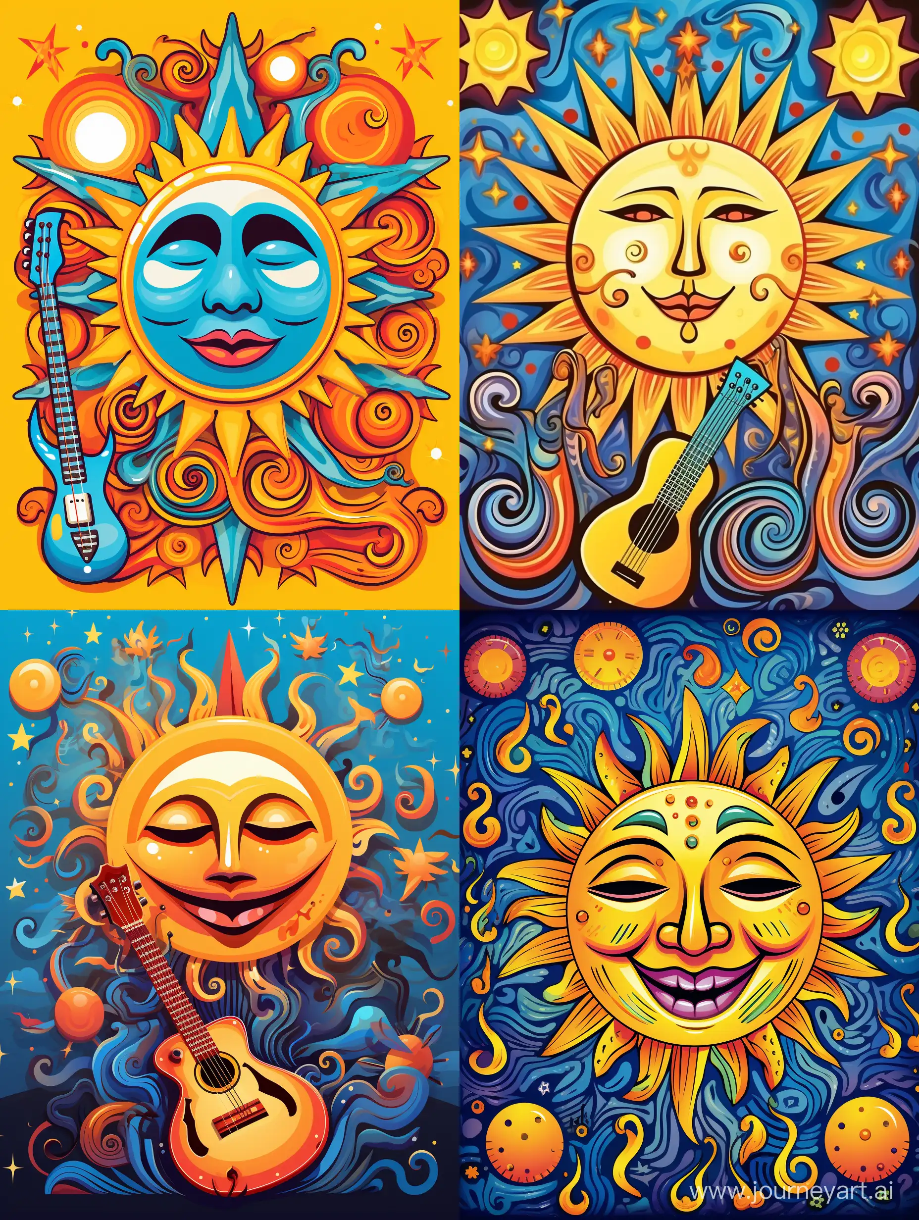 the sun, on the background of musical symbols, complex colors, cartoon style, caricature, pop art style