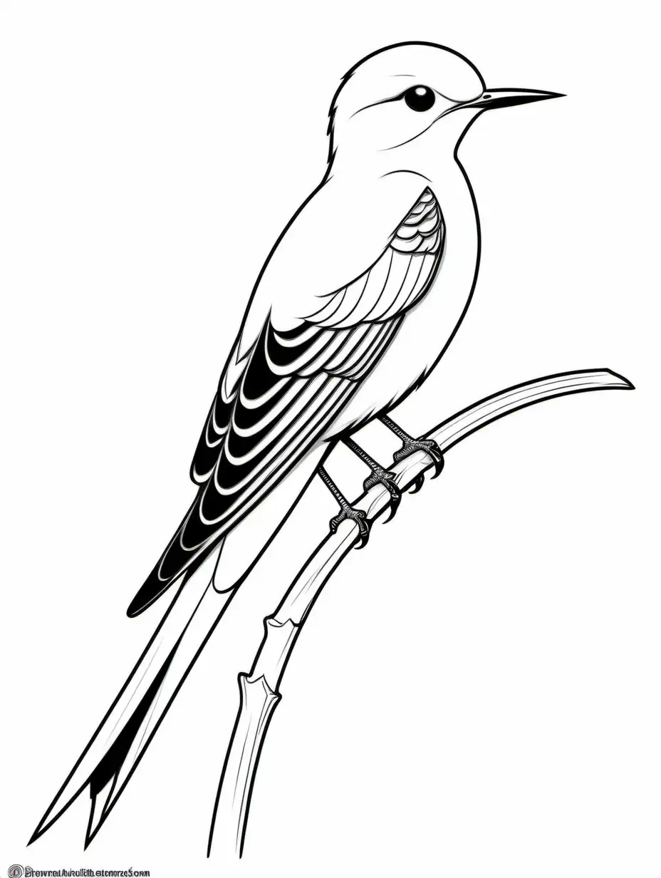 Scissor-tailed Flycatcher, Coloring Page, black and white, line art, white background, Simplicity, Ample White Space. The background of the coloring page is plain white to make it easy for young children to color within the lines. The outlines of all the subjects are easy to distinguish, making it simple for kids to color without too much difficulty