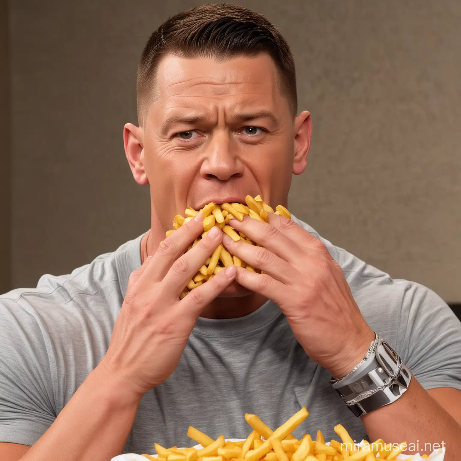 John Cena schüttet sich sehr viele Pommes in den Mund und seine Hände sind sehr klebrig