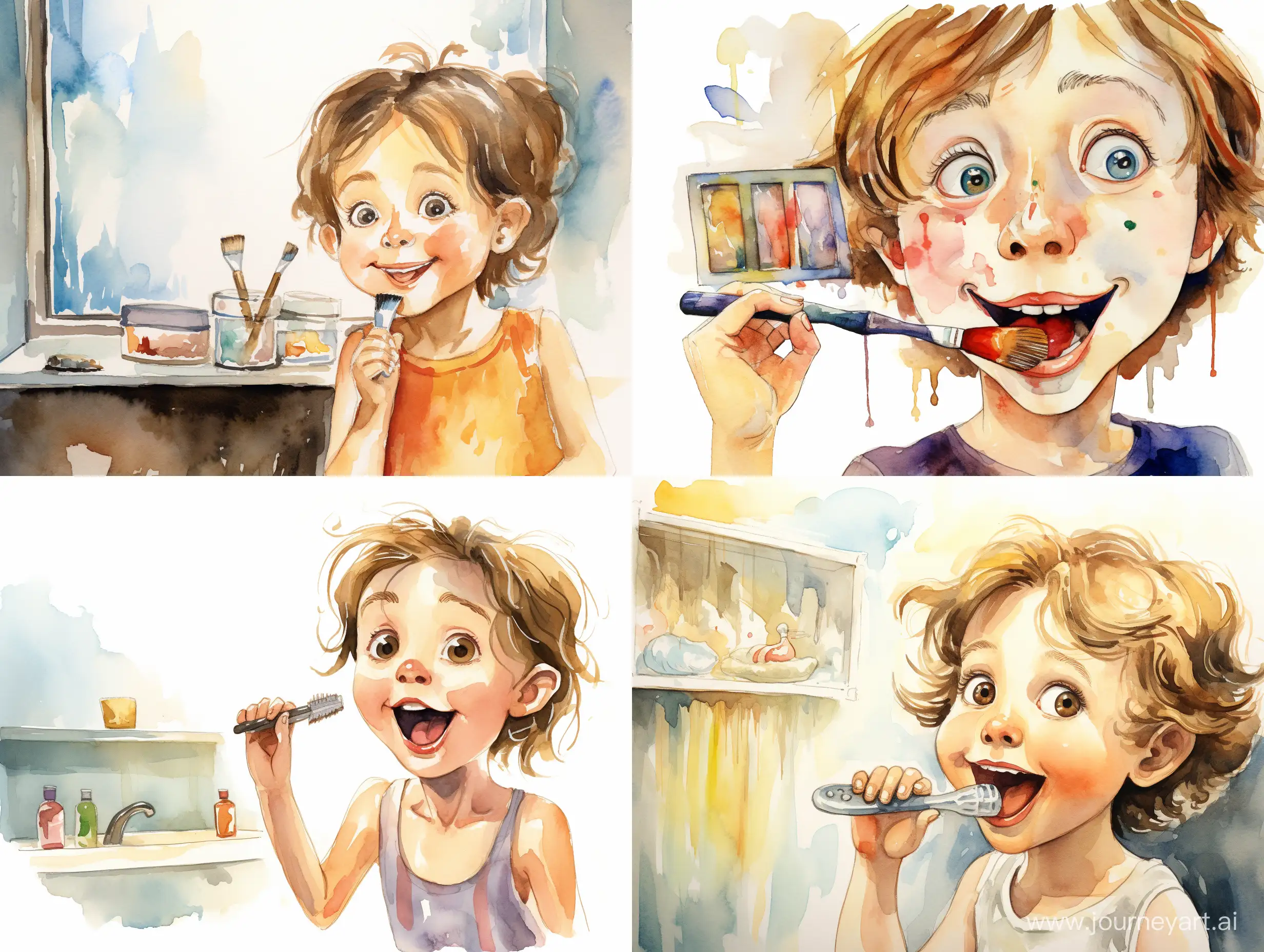 A three-year-old girl, light brown hair above her shoulders, with brown eyes, long eyelashes, small mouth, thin lips, brushing her teeth while looking in the mirror, stylized caricature, decorative, flat illustration, on a white background, watercolor, ink, Victor Ngai style, bright colors