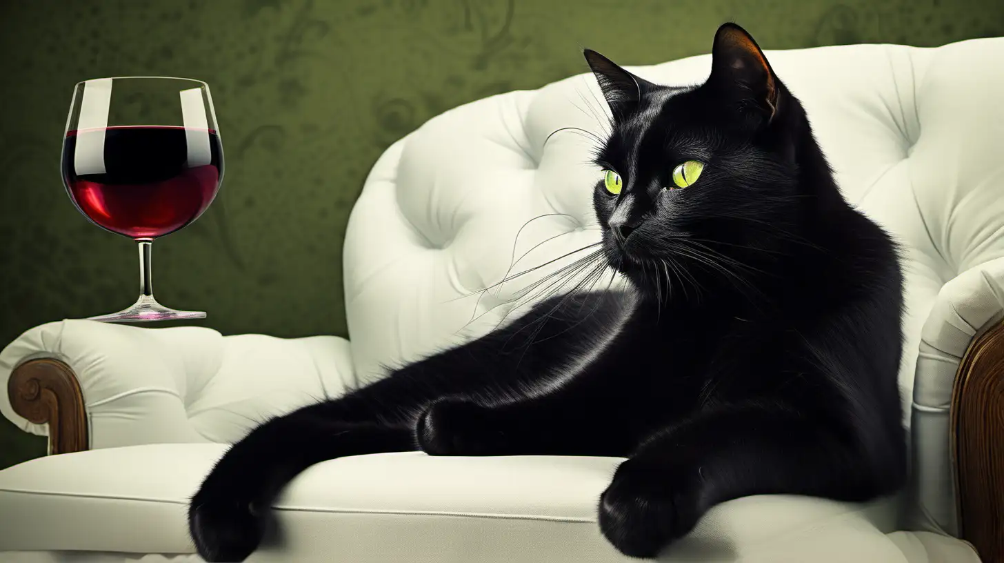 create an image of a black cat, with hazel green eyes, looking pensive and mischievous, with a glass of wine, on a white couch and comfortable