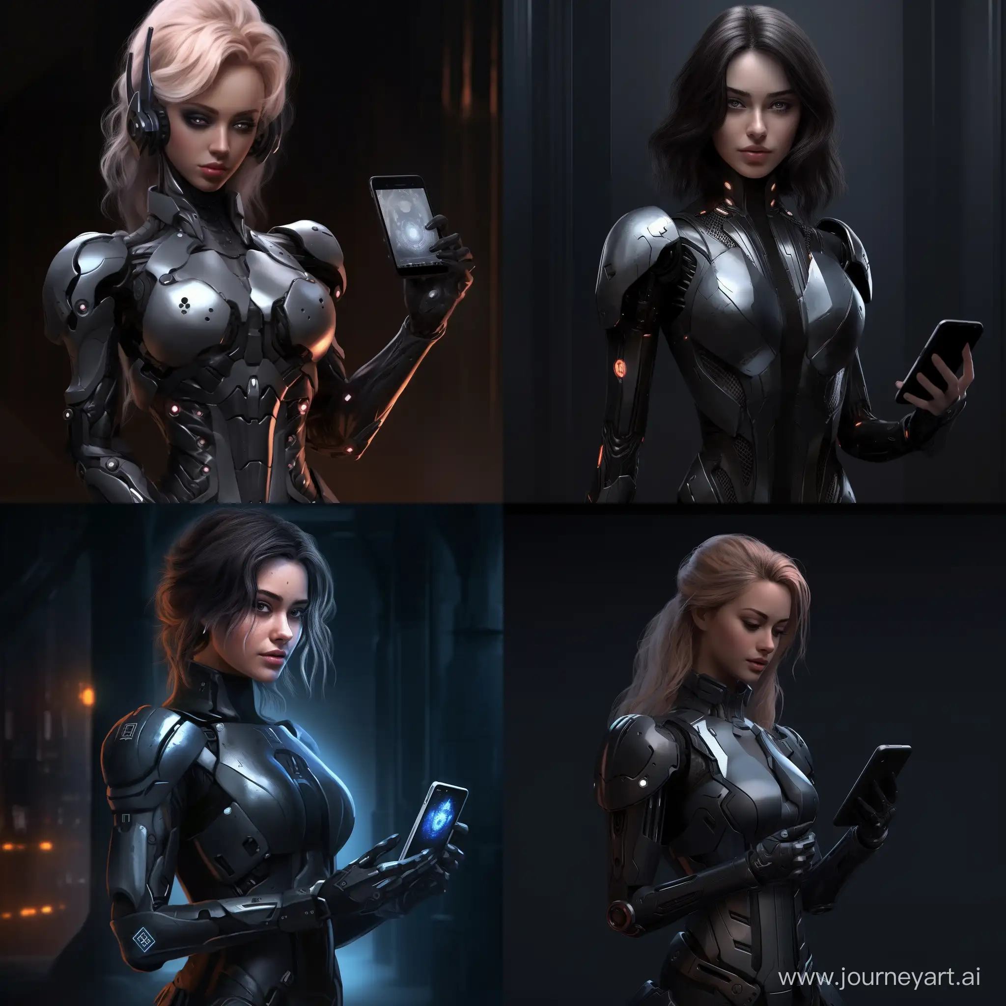 A female robot is cute, made of dark gray metal, standing half sideways and holding a phone in her hand, cyberpunk style, futuristic style, on a dark background