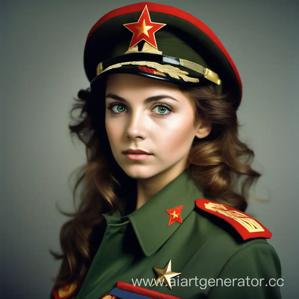  девушка, коричневый цвет волос, прическа каскадом, цвет глаз зеленый, одета в советскую военную форму времён 1985 года, портрет крупным планом, ультра-высокое разрешение