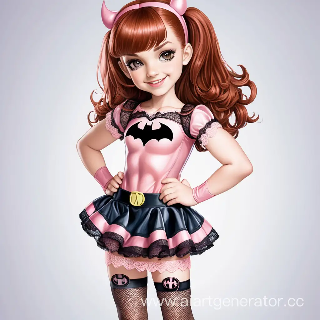 very cute petite dc comics super hero girl tween bat girl auburn hair skirt  with stockings pink lace and heels full body smiling 
