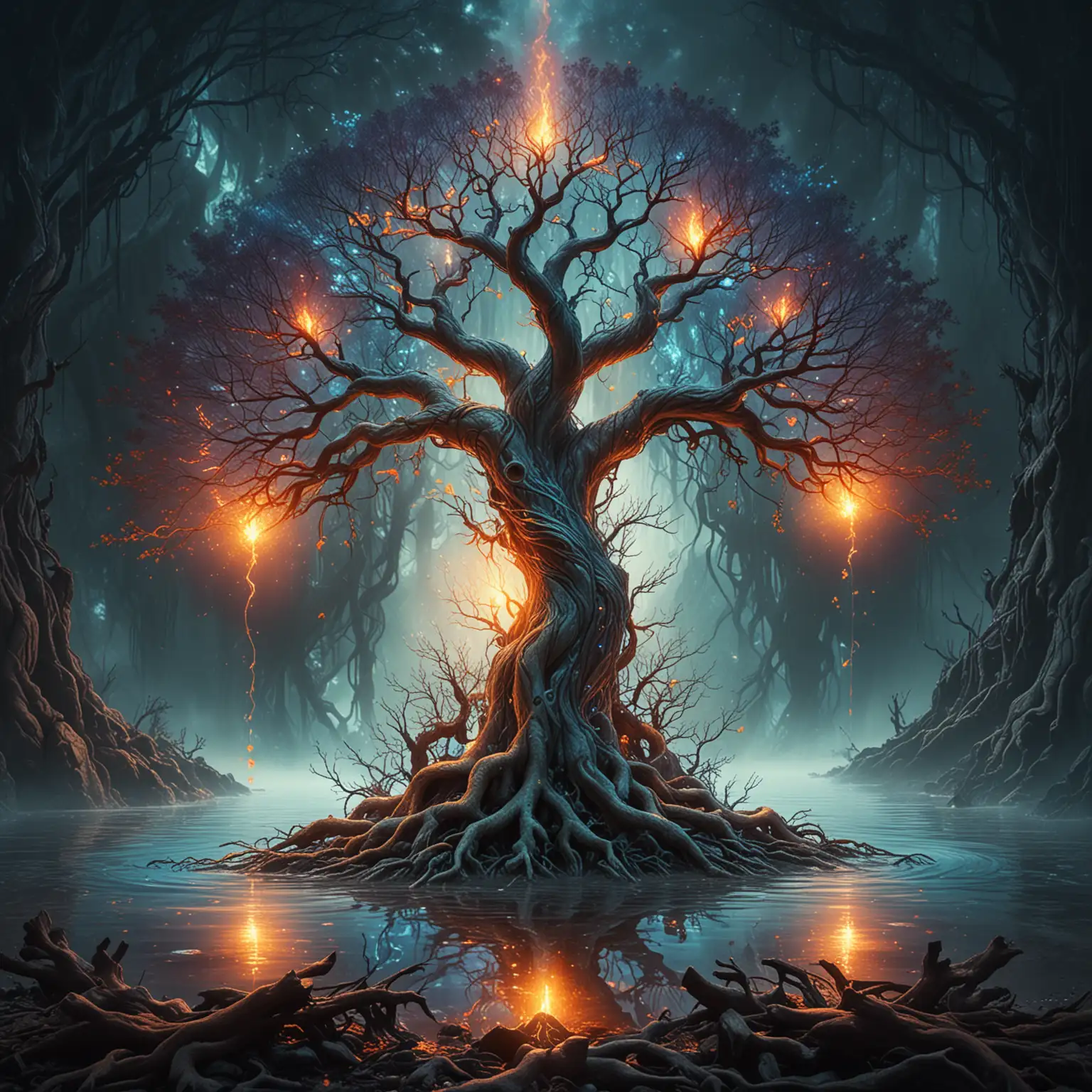 A world tree with elemental fire and water below the roots, alternate planes of existence in the branches, vivid fantasy, high contrast colors