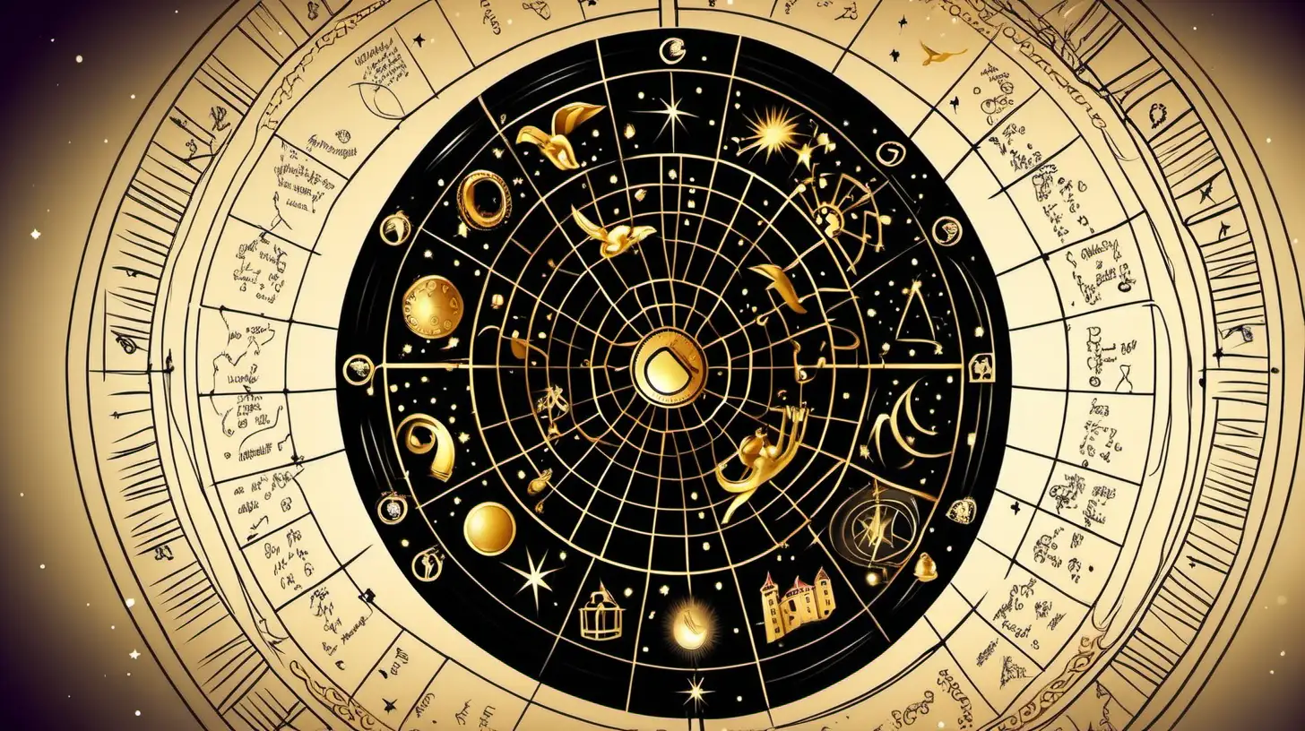 astrological wheel,  lucky charms flying around the wheel, loose lines,  Draw an astrology chart  black night and gold