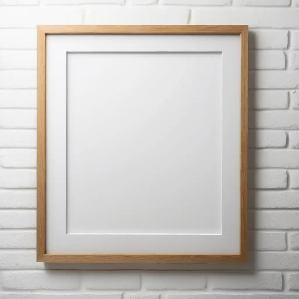 a4 frame on white brick wall, blank frame, minimalist oak wood frame, shadow lighting