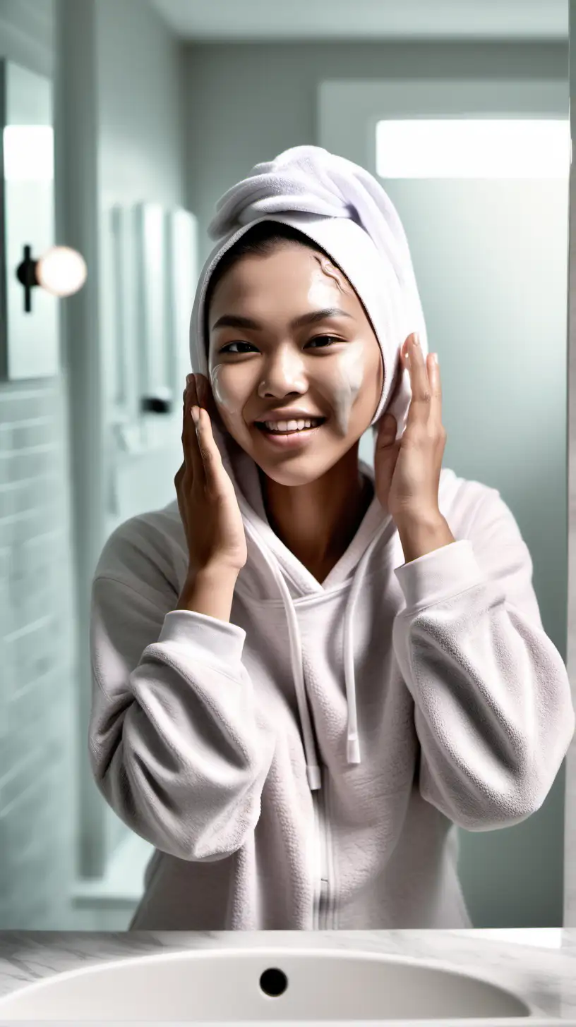 Malay Woman Cleansing Face with Timewise Mary Kay in Stylish Bathroom